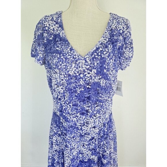 Ronnie Nicole Floral Lace Purple Blue Short Sleeves Flowy V-neck Midi Dress 8 M - Picture 3 of 12